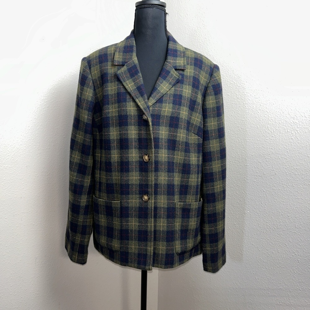 Vtg 90s White Stag Blazer Women's 14 Plaid Wool Blend Preppy Academia Equestrian